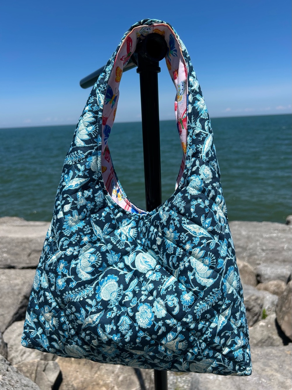 Quilted Floral Hobo Bag in Teal Blue